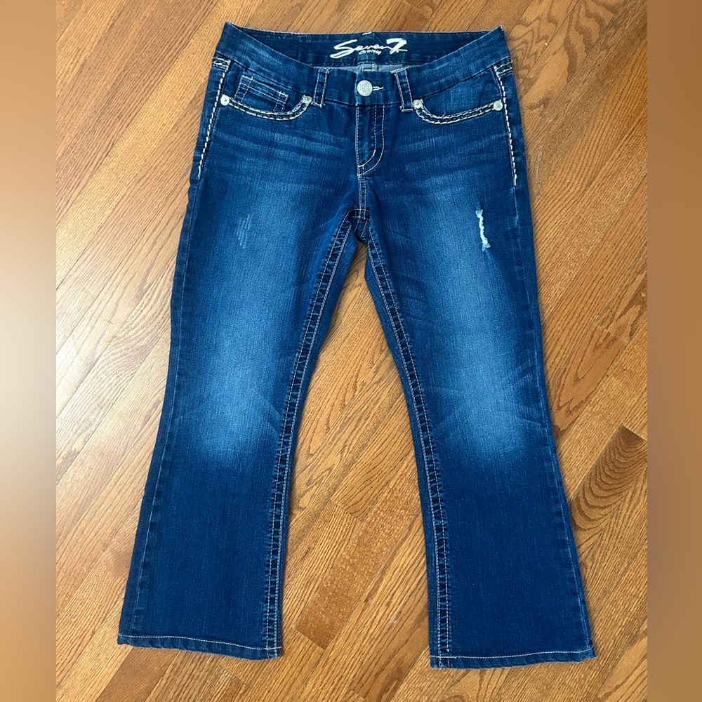 Seven 7 Denim Jeans Distressed Heavy Stitch Med Wash Boot Cut Women's 12‎ Petite